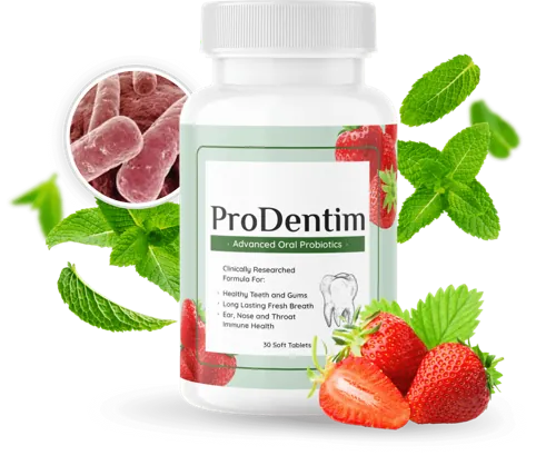 ProDentim advanced oral probiotics bottle with strawberry and mint ingredients