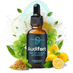 Audifort healthy hearing supplement dropper bottle, 60ml, with ginkgo leaves and lemon