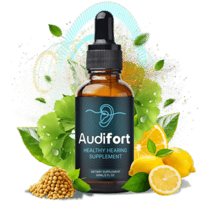 Audifort healthy hearing supplement dropper bottle, 60ml, with ginkgo leaves and lemon