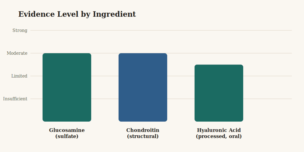 Chart comparing evidence levels for glucosamine, chondroitin, and hyaluronic acid