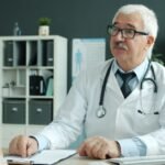 Senior doctor discussing test results with an older male patient in a medical office