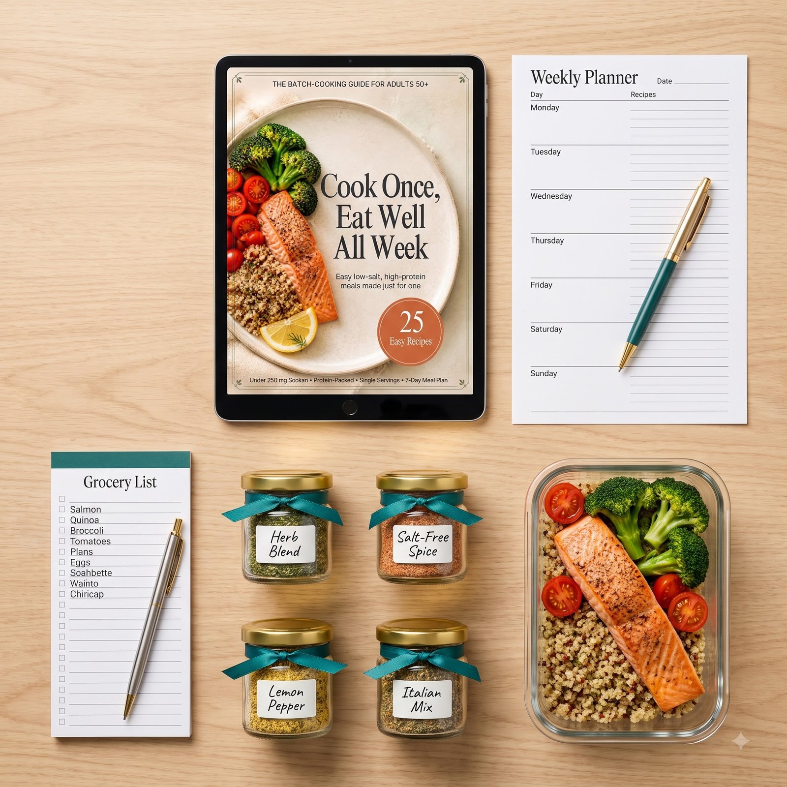 Everything included: the guide, weekly planner, grocery list, seasoning blends, and a sample meal-prep container