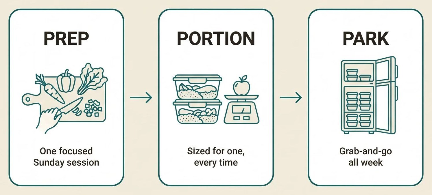 The Prep, Portion, Park method illustrated in three steps