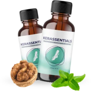 Two bottles of Kerassentials nail and skin oil with a walnut and a mint leaf