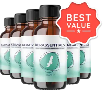 Six bottles of Kerassentials with a Best Value badge from the 6-bottle package