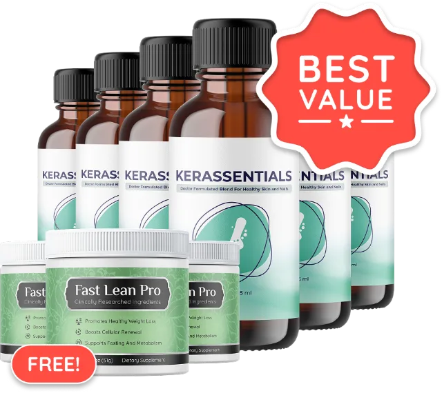 Six bottles of Kerassentials arranged with free gift jars from the 6-bottle package